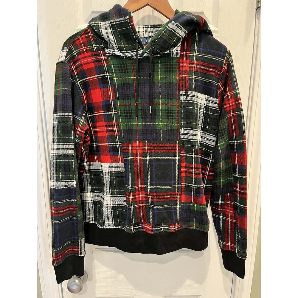 Polo Ralph Lauren Plaid Hoodie Womens L Tartan Patchwork Pullover Cotton Blend